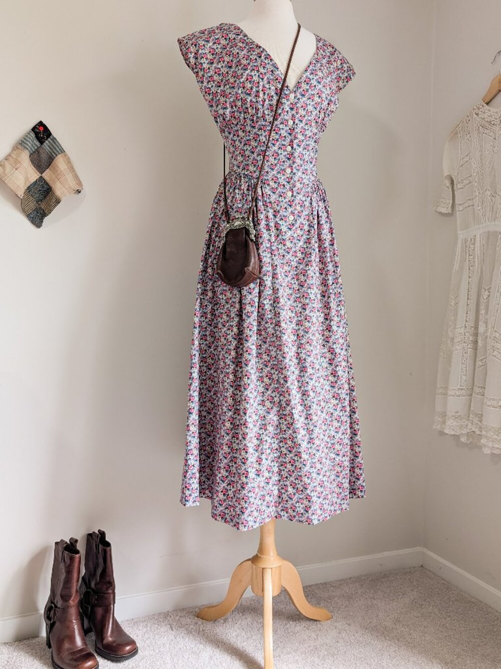 Vintage Floral Button Front Cinched Waist Cotton Midi Dress Size Small 80's - Picture 9 of 11